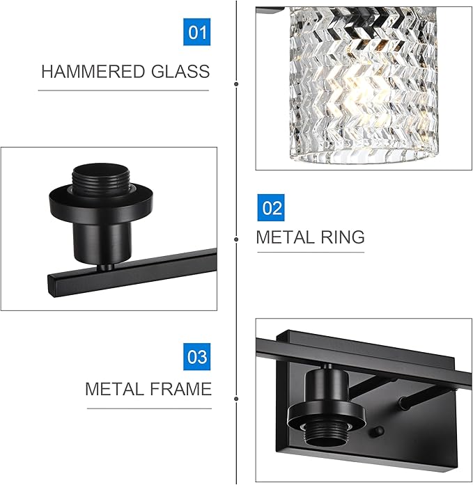 MELUCEE Matte Black Vanity Light 4 Lights Modern Bathroom Light Fixtures with Hammered Glass Shade, Indoor Metal Wall Lights for Powder Room Hallway Kitchen, E26 Base