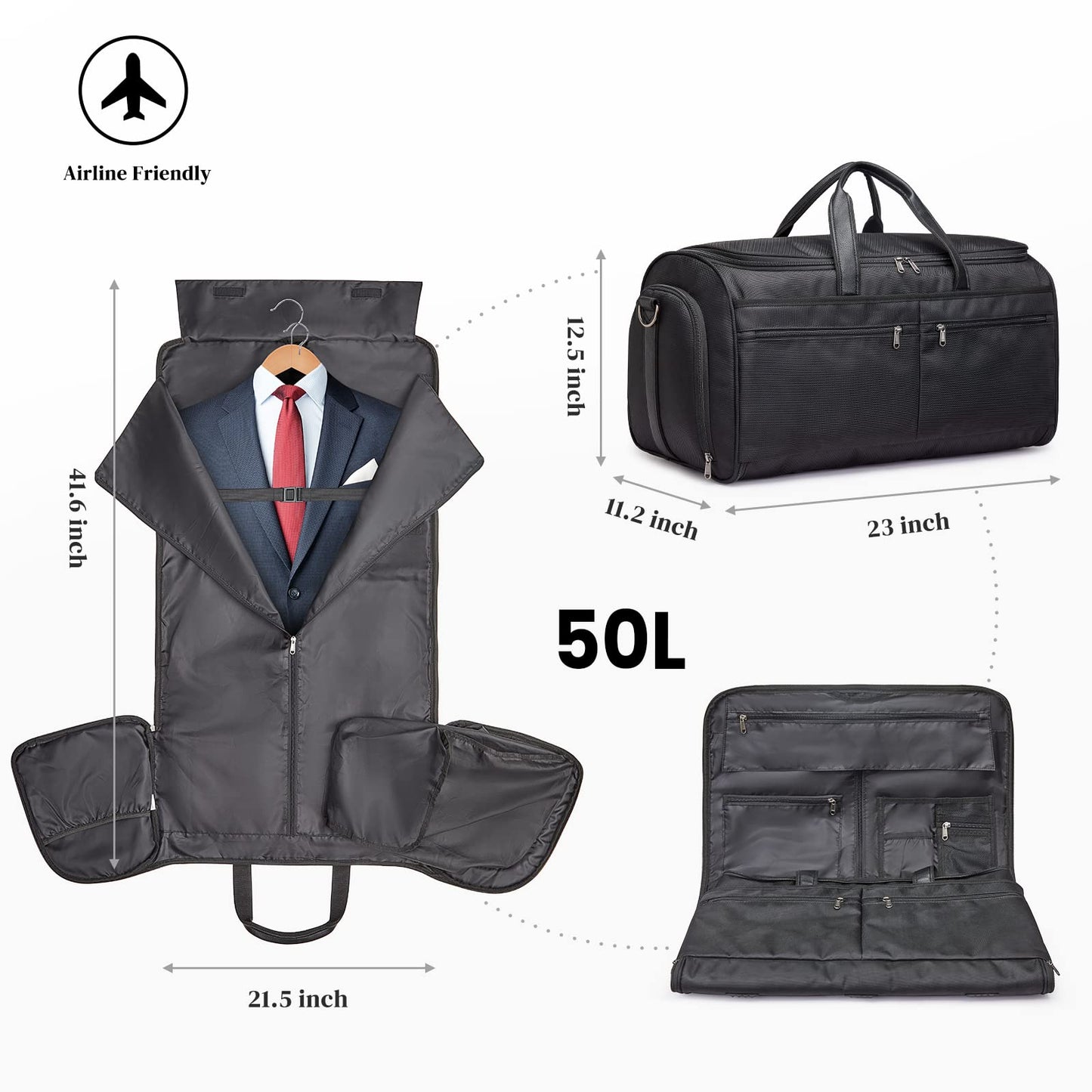 S-ZONE 50L Convertible Travel Garment Bag Carry on Garment Duffel Bag for Men Women 2 in 1 Hanging Suitcase Suit Business Travel Bag, Black