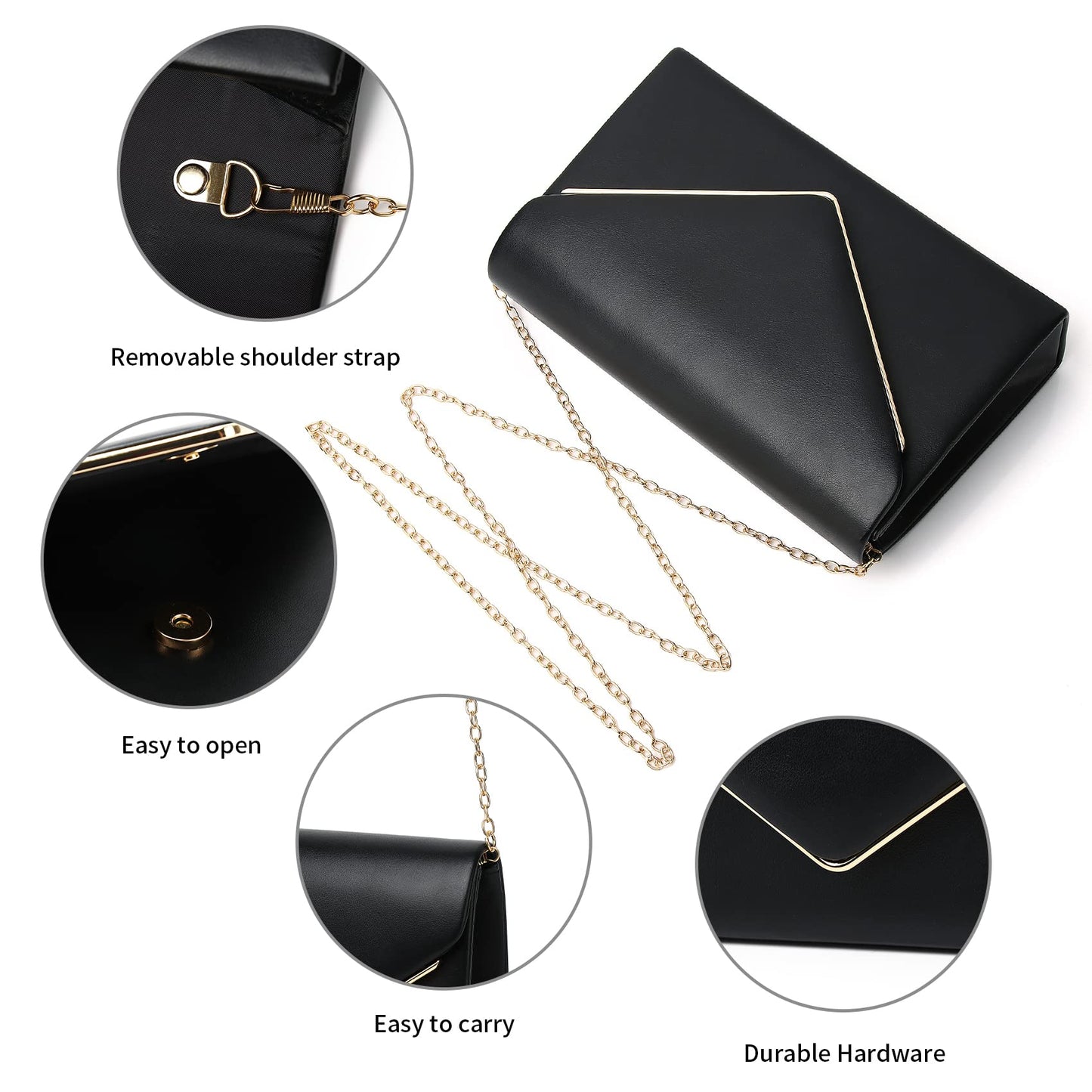 Labair Chic Vegan Leather Clutch Purse Envelope Clutch Bag for Women Evening Wedding Party Formal Purse Handbag. (Black)
