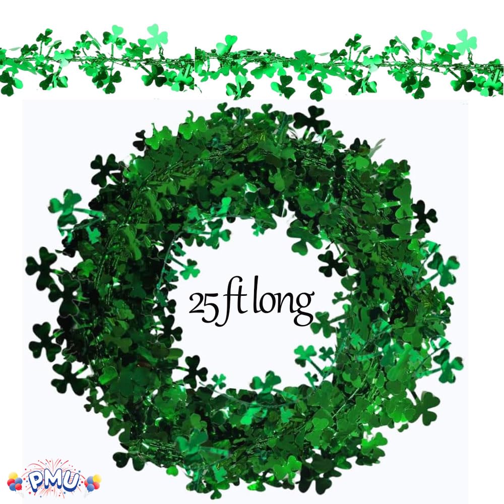 PMU 75 Ft Green Shamrock Garland – Shiny Tinsel Wire Garland for St. Paddy’s Day, Irish Holiday, Leprechaun Decorations Shamrock Green (3pc-25Ft Each)