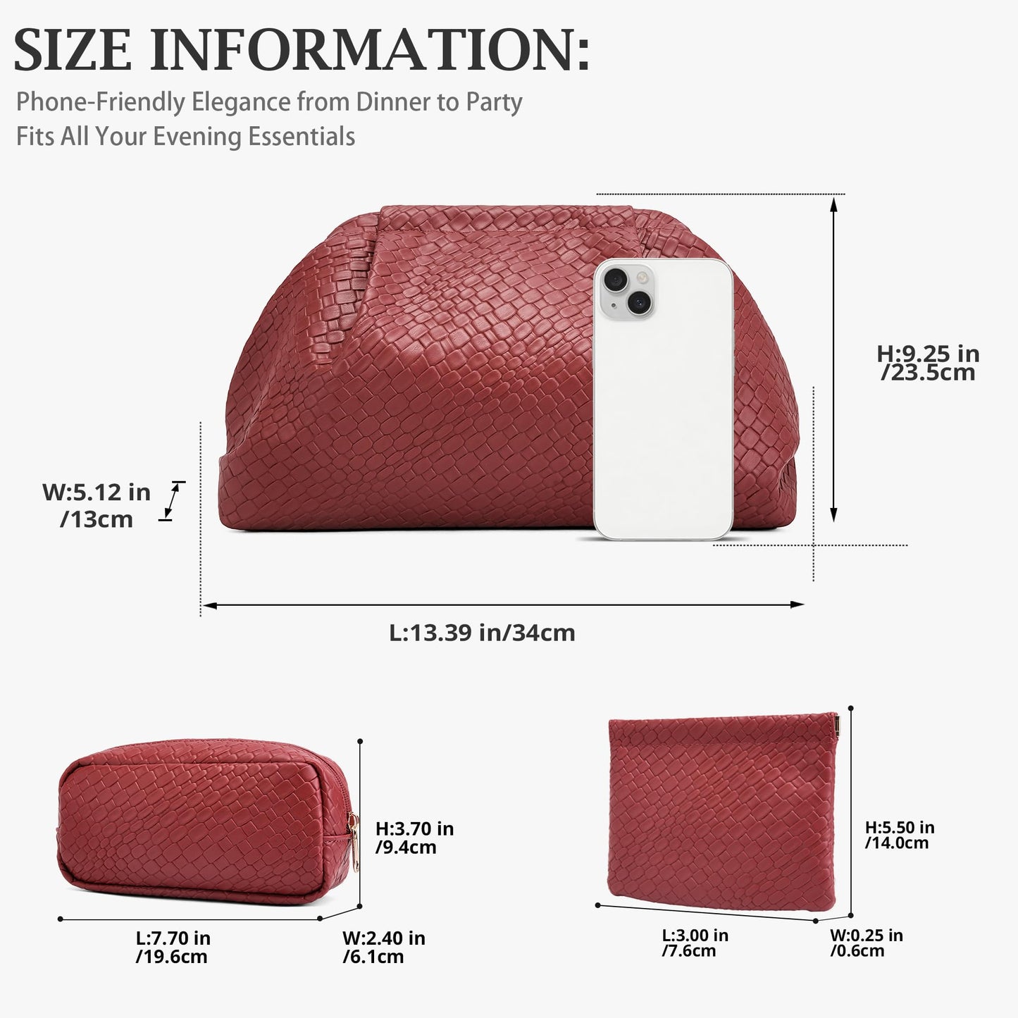 BOYATU Travel Makeup Bags for Women: Elegant Evening Woven Vegan Leather Make up Bag Clutch – 3 Pcs Set Large Capacity Compact Cosmetic Organizer for Purse,Bride Bridesmaid Gift (Red)