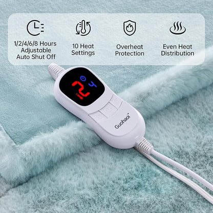 Guohaoi Heated Blanket Electric Throw, Soft Faux Rabbit Fur Electric Blanket with 10 Heating Levels 5 Sitting Timer Auto Off, Cozy Warm Heating Blankets, Machine Washable(90"×100" Blue)