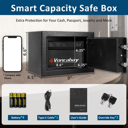 Voncabay Money Safe Box for Home with Sensor Light and Mute Function & Fireproof Security Safe Box for Money Safe with Emergency Power Outlet, Lock Box Fireproof Safe with Digital Keypad