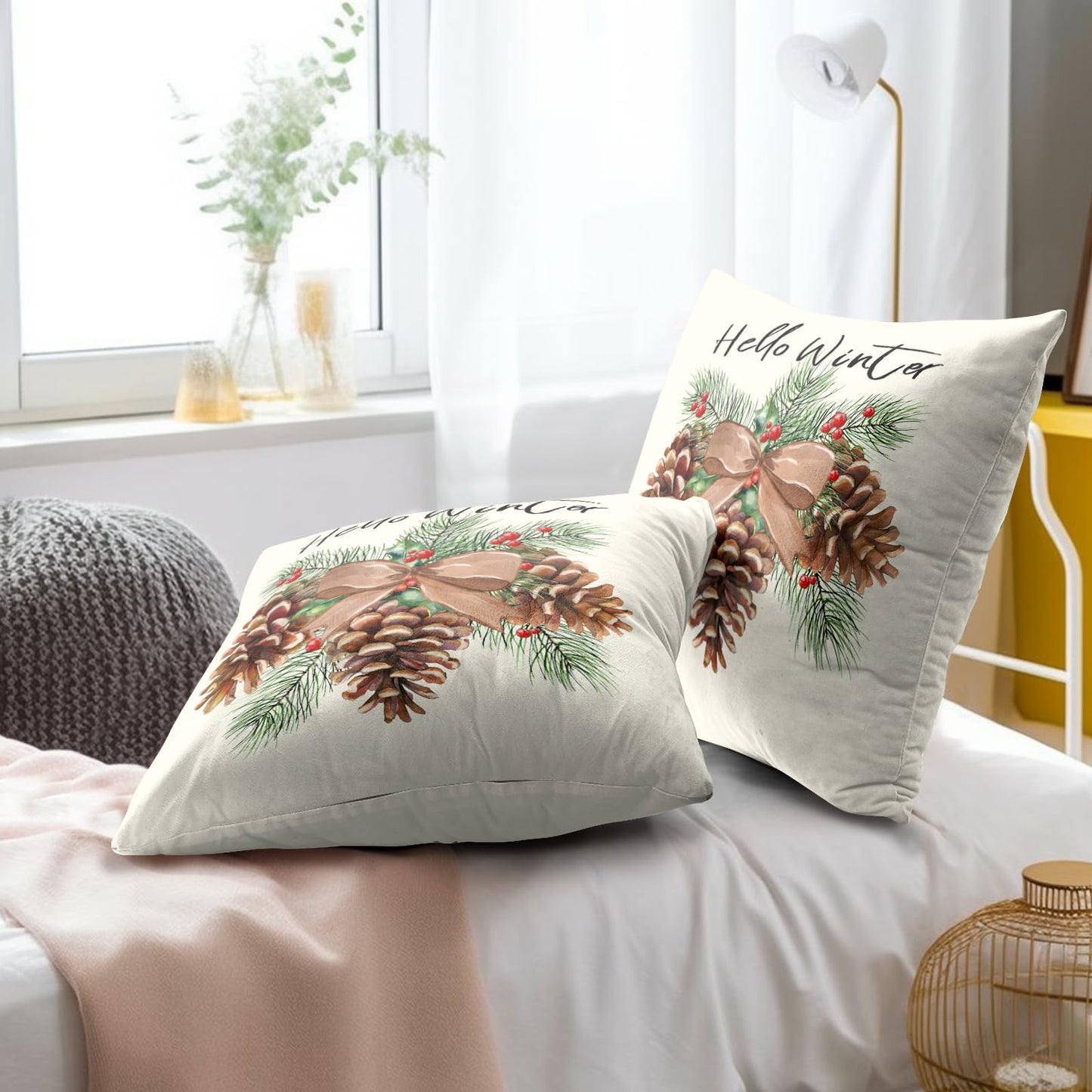 Winter Pinecone Pillowcase Set of 2 Pine Cone and Leaf Decor Throw Pillows Square 18x18 Inch Xmas Merry Christmas Holiday Winter Pillow Cushion Covers for Home Living Room Bed Sofa Outdoor Couch