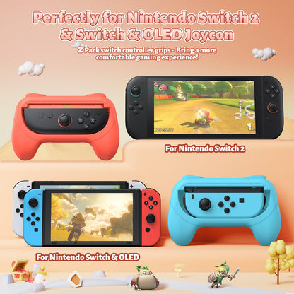 [Switch 1/2 Compatible] FASTSNAIL Grips for Nintendo Switch2 (2025)/Switch&OLED for Joy-Con2, Wear-Resistant & Anti-Slip Controller Grips Handle Kit, Switch2 Joycon Holder Accessories (Orange,Blue)