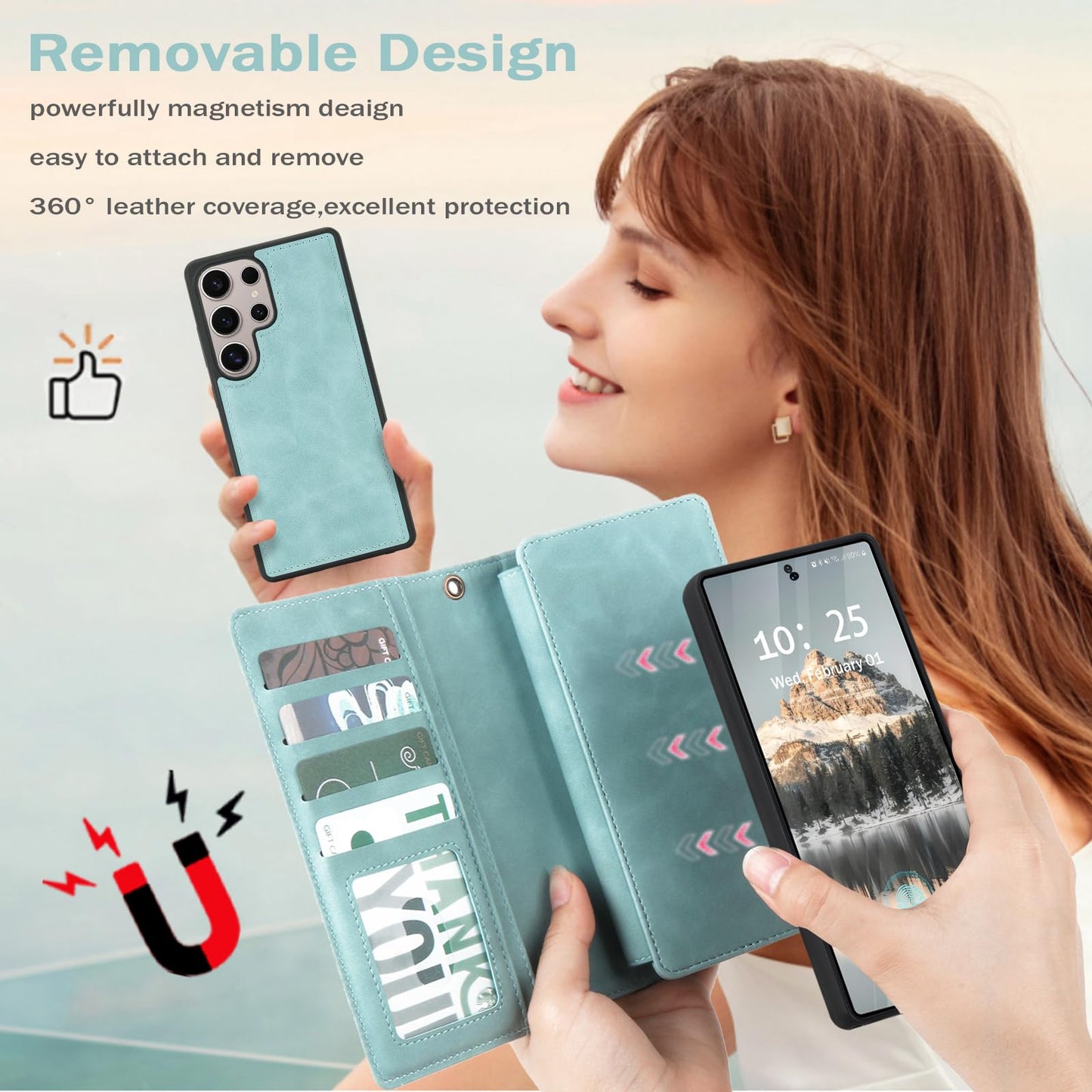 TwoHead for Samsung Galaxy S25 Ultra Wallet Case with Card Holder, Detachable Magnetic Phone Case for S25 Ultra,PU Leather All-Round Protective Phone Case Wallet with Wrist Strap,Blue