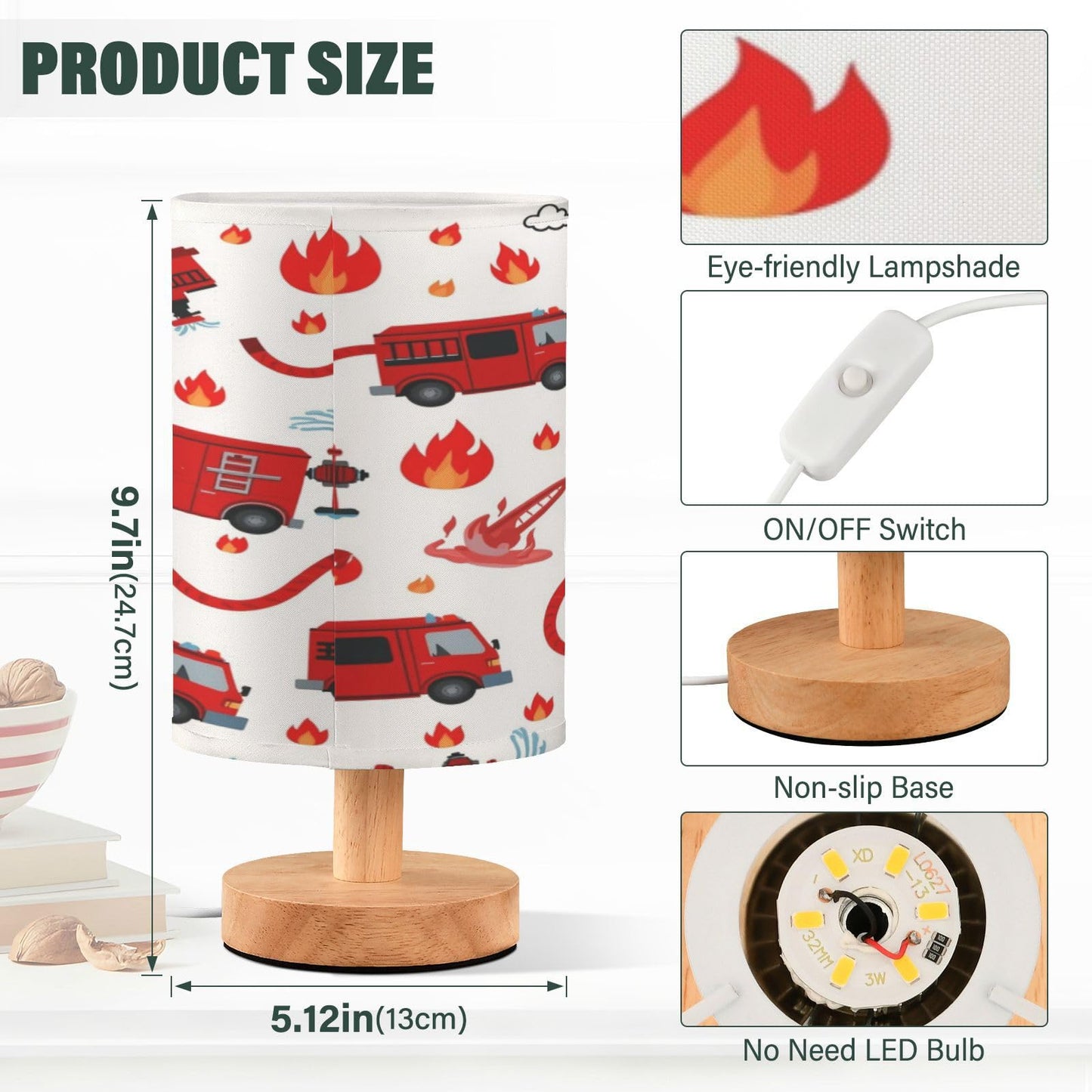 Firefighter Fire Truck Table Lamp for Bedroom Bedside Lamp Desk Lamps Cylinder Nightstand Lamp for Living Room Office Decor