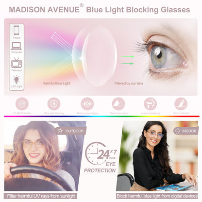 Madison Avenue TR90 Blue Light Blocking Glasses Anti Eyestrain UV Glare Blue Light Glasses for Women TV Phone Computer Gaming Eyeglasses (Nude Pink)