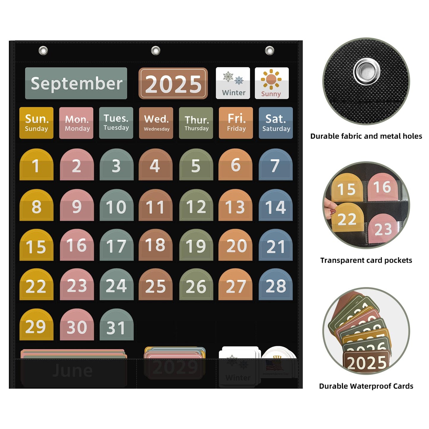 REGELETO Large Boho Calendar Pocket Chart with 96 Cards for Classroom, Size:32.25 x 24.125 inch Black Monthly Calendar and Weather Pocket Chart for Student Learning for Home or School.