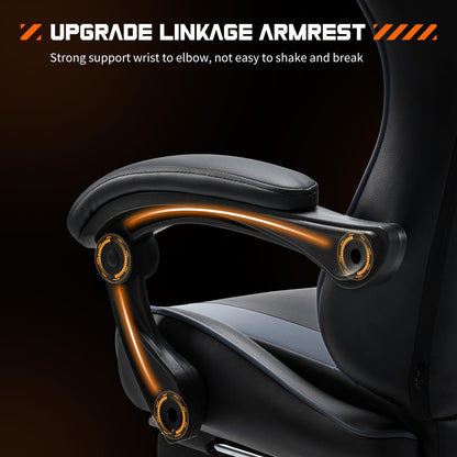 Elevon Ergonomic Video Game Computer Chairs with Footrest & Comfortable Lumbar Support,Height Adjustable Reclining Chair in PU Leather with Headrest and Fixed Armrests, 360° Swivel, Black&Grey