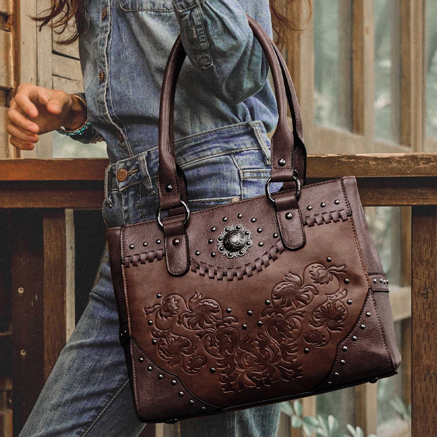 LAVAWA Tote Bag for Women Large Western Purse Ladies Top Handle Shoulder Handbags Vintage Embossed Concho Studs (Coffee