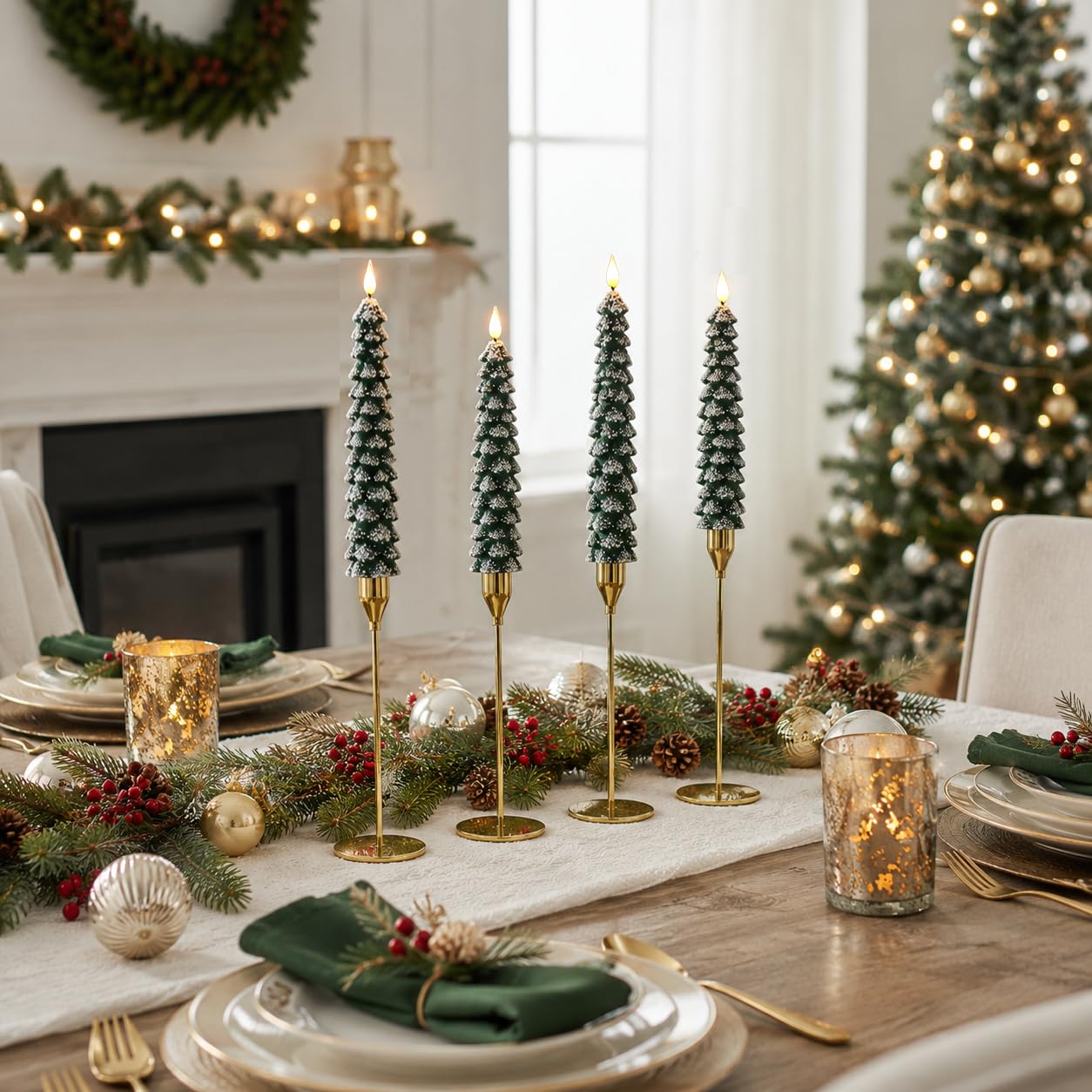 MUMCHASI 4 Pcs Flameless Taper Candles, Christmas Tree Candles with Remote, Battery Operated Candlesticks, Flickering LED Window Candlelights Real Wax Christmas Candlesticks H9.45,11.4”Green