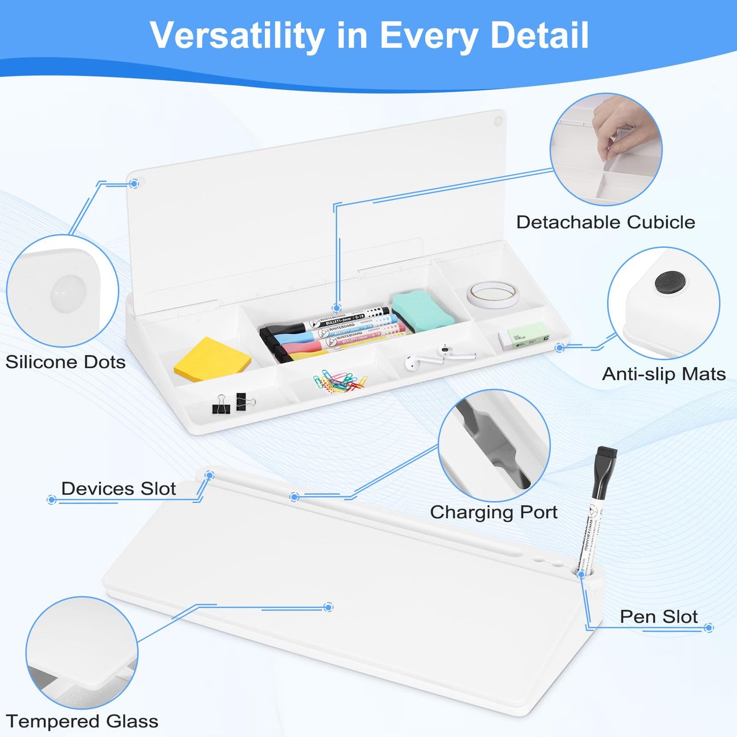 Desktop Glass Whiteboard with Storage, Desk White Board with Computer Keyboard Stand, White Dry Erase Board with Drawers for Home, School, Office Desk Organizers and Accessories