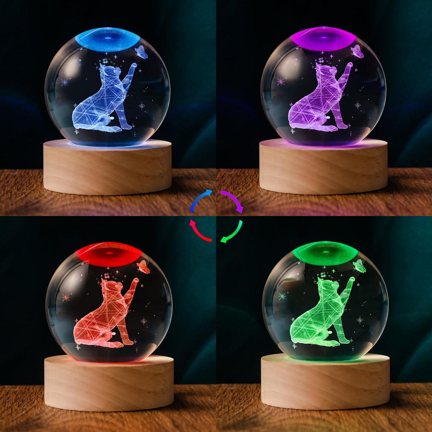 QIANRUNA 60mm 3D Crystal Ball Cat Lover Gifts for Women Cat Themed Sympathy Figurines Decor Gifts with Wooden Light Base