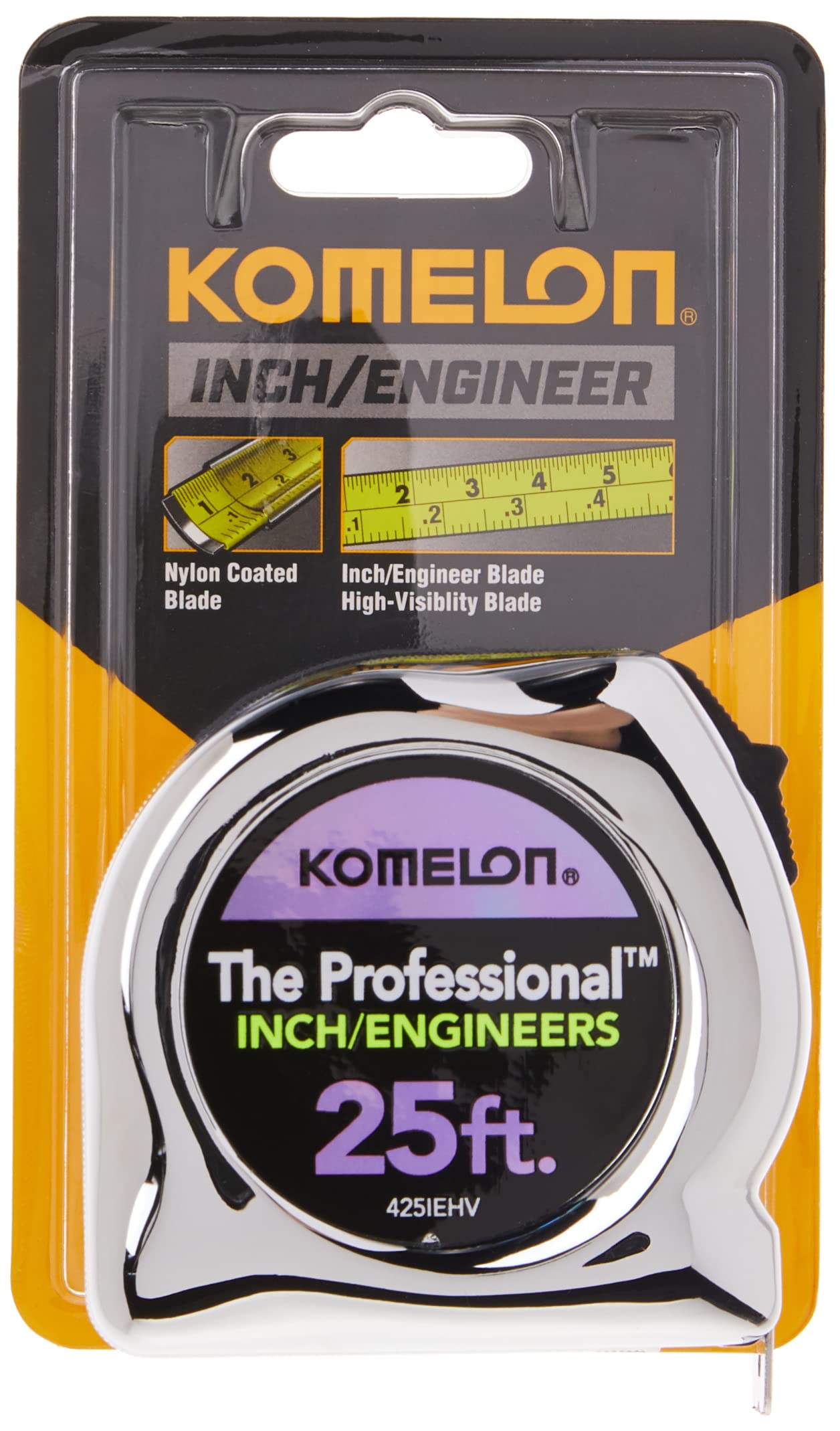 Komelon 425IEHV High-Visibility Professional Tape Measure Bother Inch and Engineer Scale Printed 25-Feet by 1-Inch, Chrome
