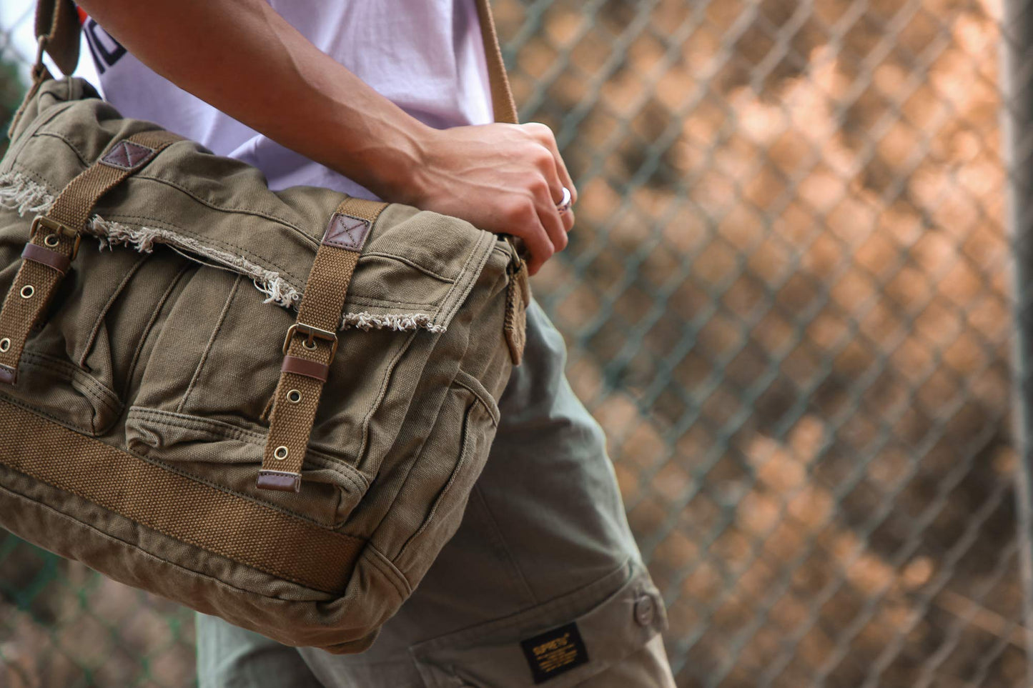 GOOTIUM Canvas Messenger Bag - Vintage Shoulder Bag Frayed Style Boho Purse, Field Tan