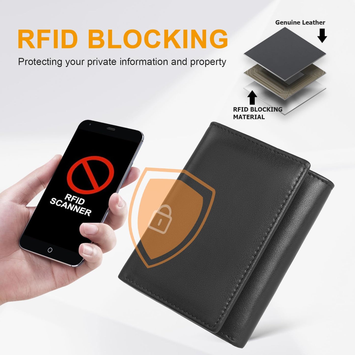 BSMUWOT Genuine Leather Trifold Wallet for Men, Rfid Blocking Tri fold Mens Wallets with ID Window (Black)