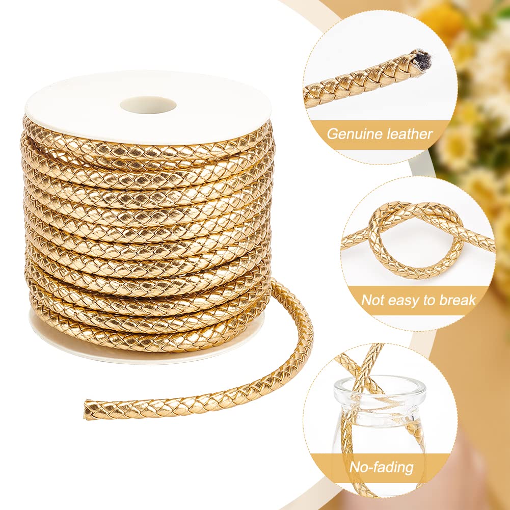 BENECREAT 16Yards Gold Round Braided Leather Cord, 7mm Wide PU Imitation Leather Beading Cord Rope for Jewelry Making, Necklaces, Bracelets, Wraps, Crafts