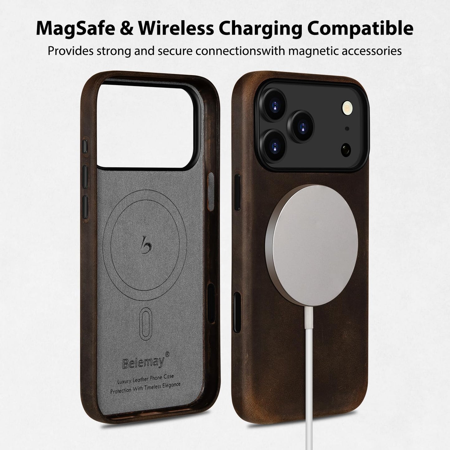 Belemay Handcrafted Crazy Horse Leather Case for iPhone 17 Pro Max, Compatible with MagSafe, Vintage Aesthetic, Two-Tone Effect, Unique Patina, Camera Control Button Coverage (6.9"), Rustic Brown