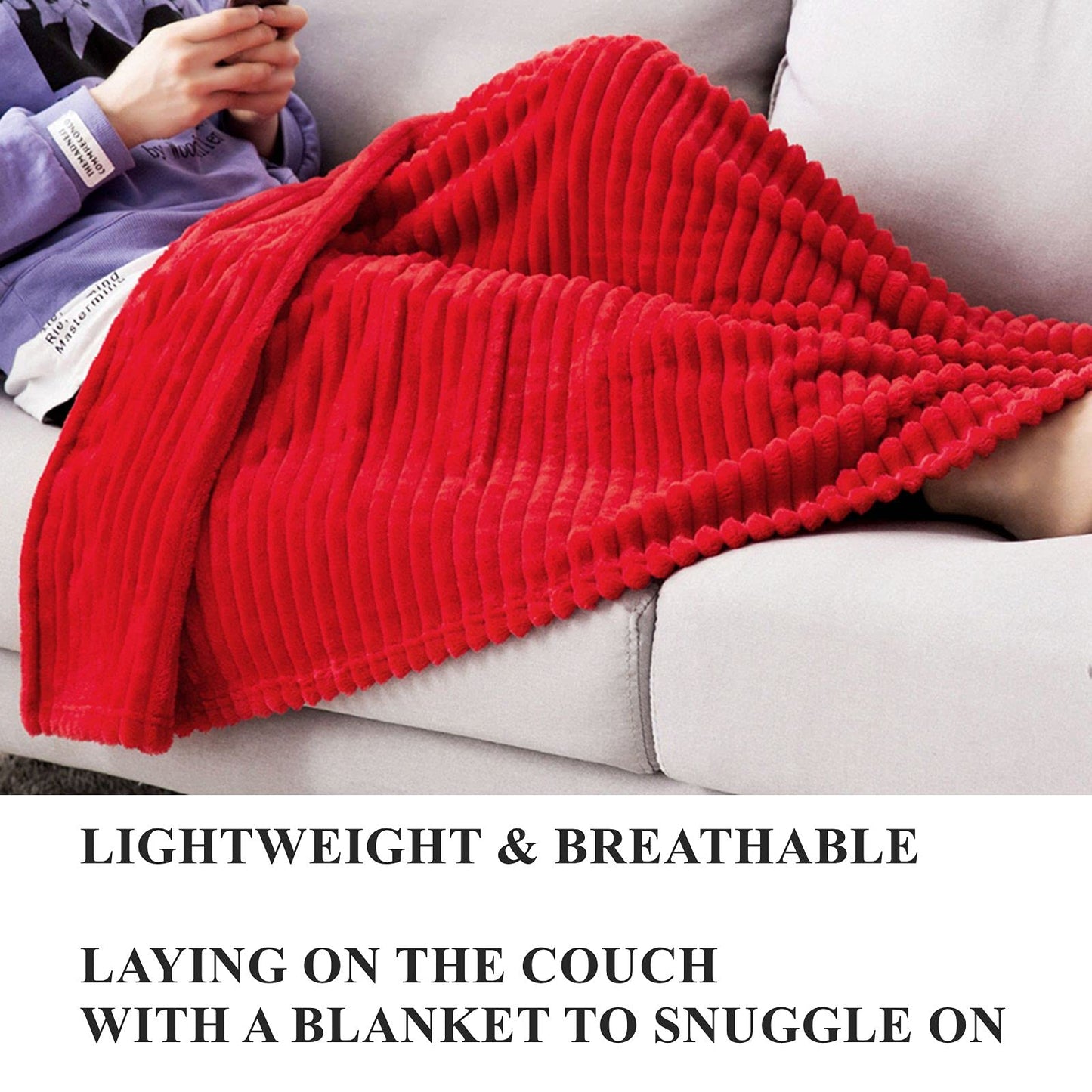 MIULEE Red Fleece Throw Blanket for Couch 300GSM Super Soft Lightweight Plush Striped Blanket, Christmas Warm Cozy Breathable Ribbed Flannel Throws for Bed/Sofa, 50"x60"
