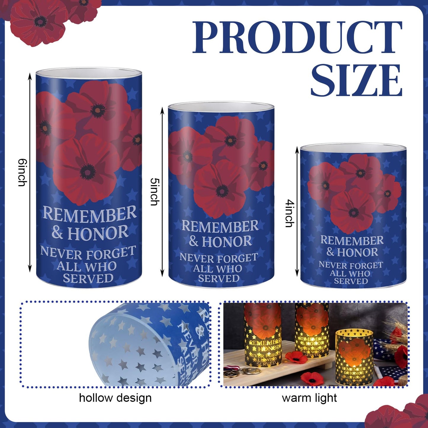 Baquler 3 Set Patriotic Flameless Candles White Red Blue Lampshade with LED Tea Lights Star Poppy Flower Candle Decorations for Independence 4th of July Veterans Day Tabletop Home Decor