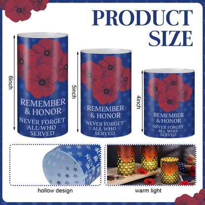 Baquler 3 Set Patriotic Flameless Candles White Red Blue Lampshade with LED Tea Lights Star Poppy Flower Candle Decorations for Independence 4th of July Veterans Day Tabletop Home Decor