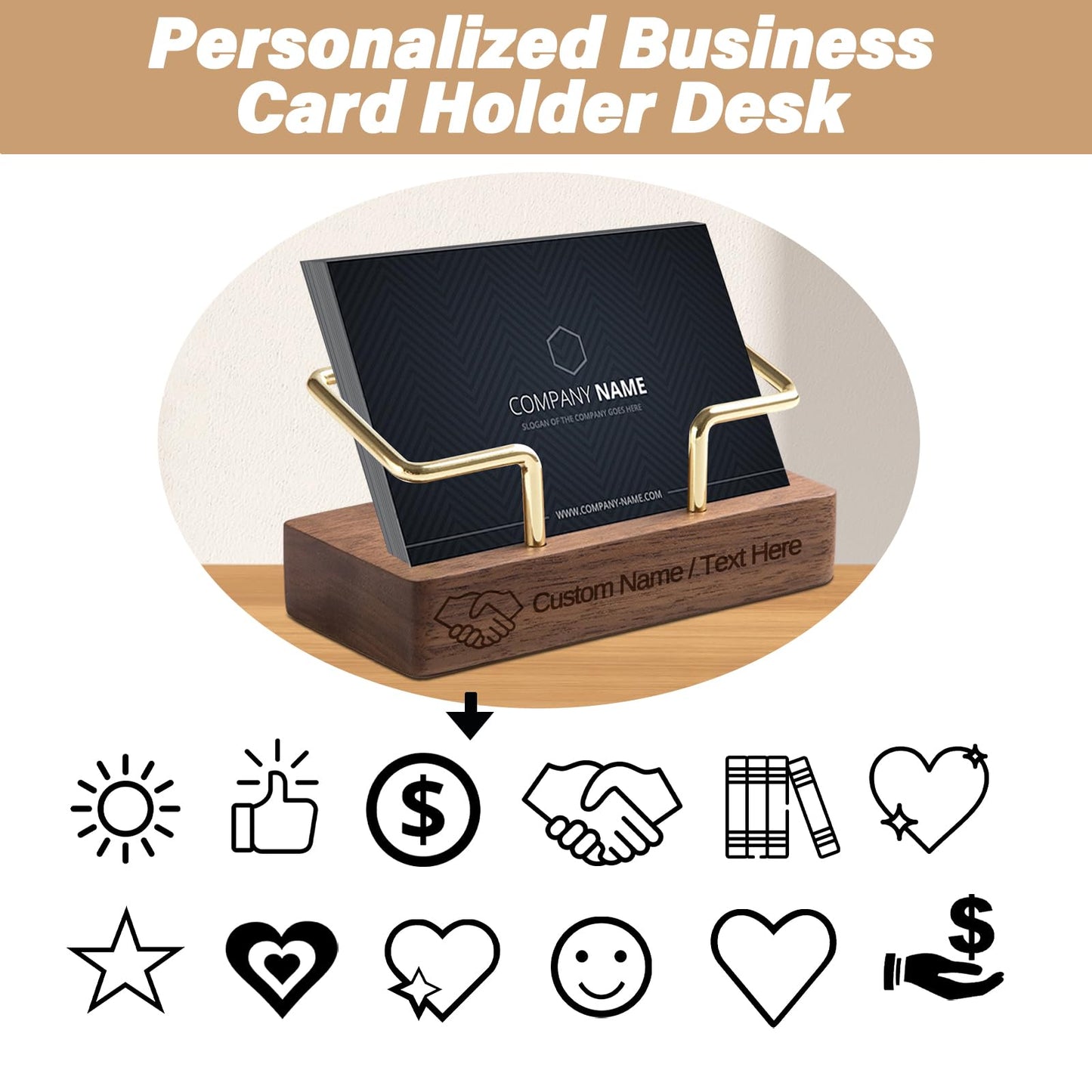 HJX Custom Business Card Holder Desk-Personalized Engraved Wooden Business Card Case Holder, Customized Name Logo Business Card Display Gifts for Men Women (Black - Walnut)