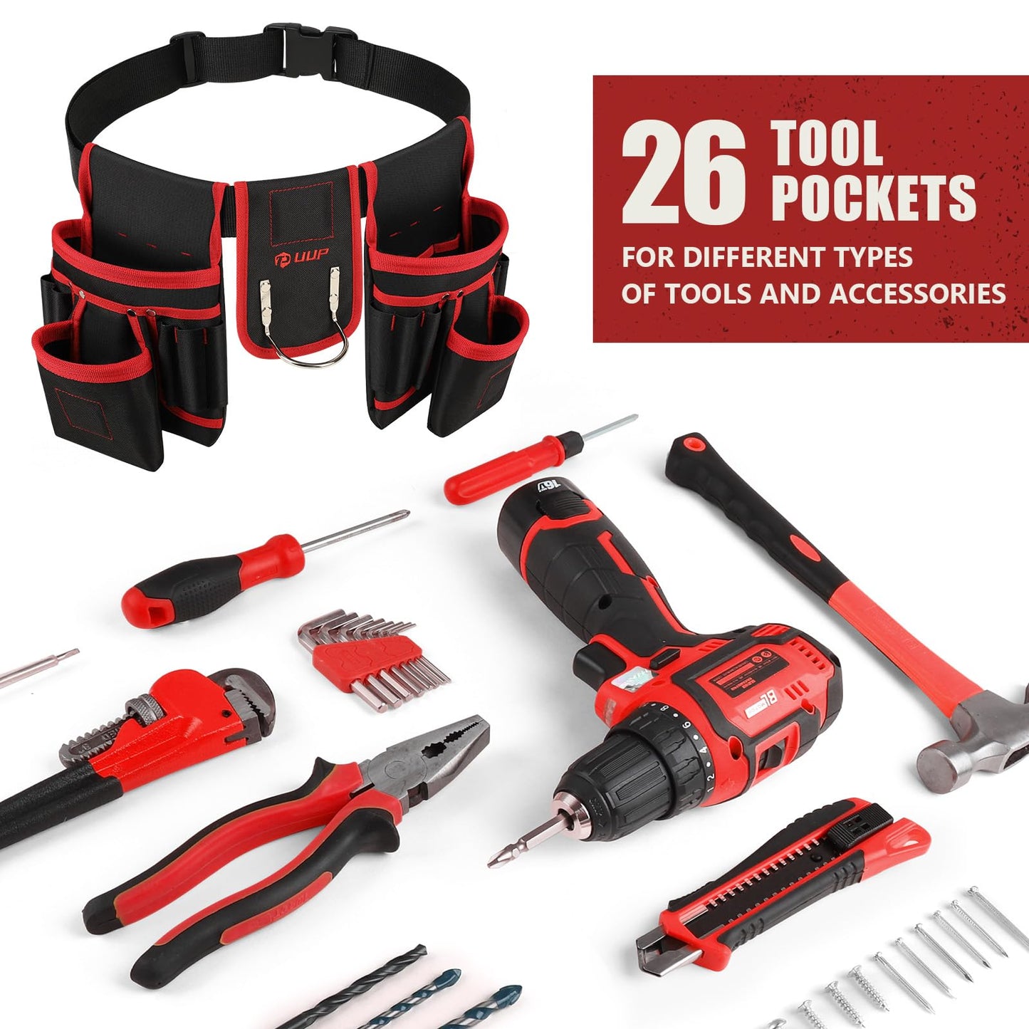 Magnetic Tool Belt for Men, 26 Pockets Heavy Duty Tool Pouch, Magnet Holster Nail Utility Toolbelt Detachable Adjustable Waist Holder for Handyman Contractor Mechanic Plumber Roofer Dad Gift -Red
