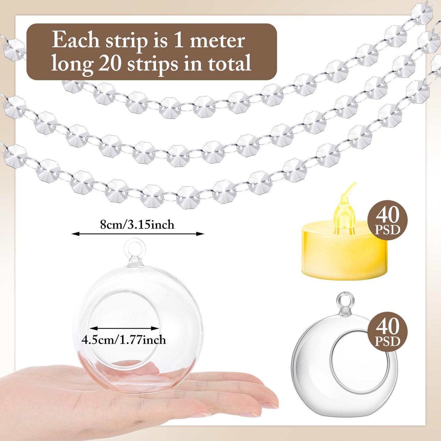 Booson 100 Pcs Hanging Candle Holder Glass Globes Orbs with Crystal Acrylic Gems Bead Garland Tea Lights Candles Holder for Wedding Party Tree Decor