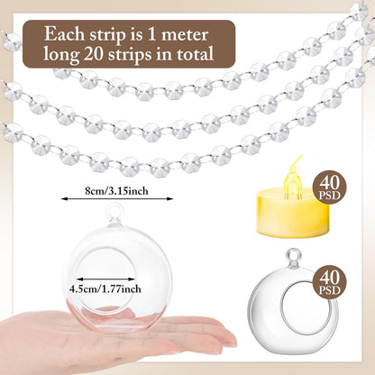 Booson 100 Pcs Hanging Candle Holder Glass Globes Orbs with Crystal Acrylic Gems Bead Garland Tea Lights Candles Holder for Wedding Party Tree Decor