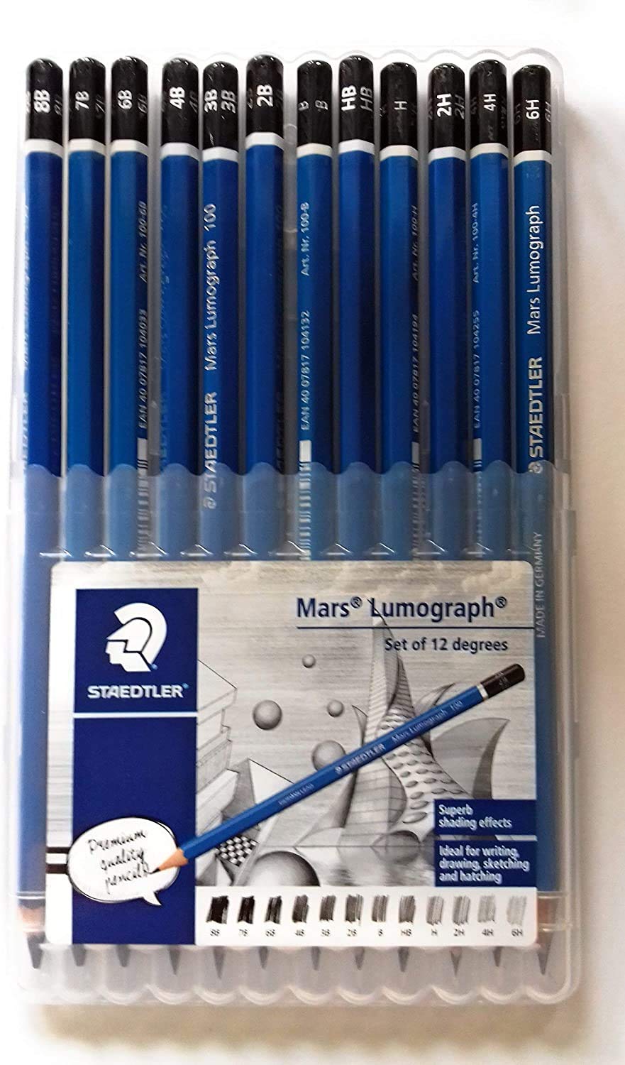 Staedtler Mars Lumograph Pencil Set – 12 Premium Graphite Drawing Pencils (6H-8B) with Sharpener & Dust-Free Eraser – Professional Sketching & Shading Kit for Artists, Designers & Students