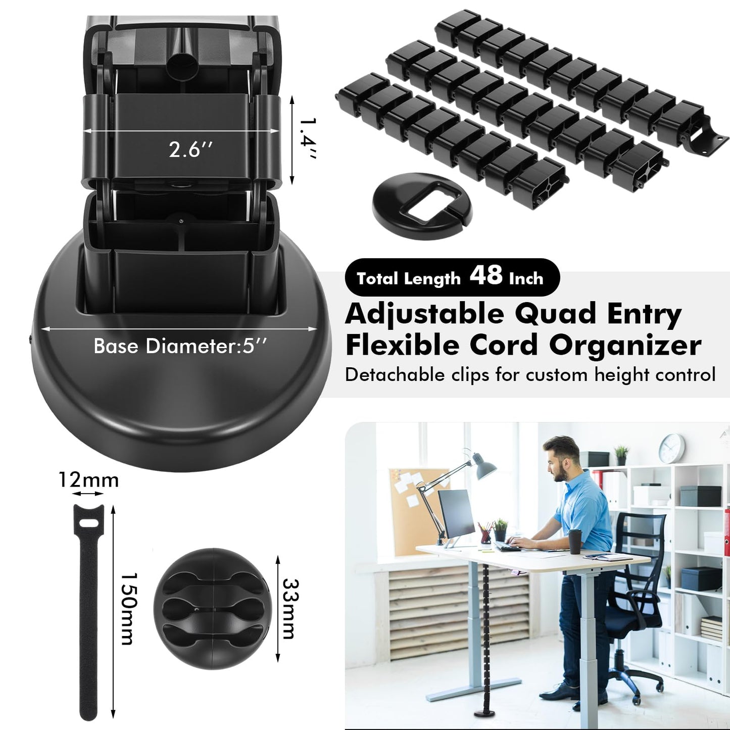 Yaomiao 4 Pack Under Desk Vertebrae Cable Management Kit Standing Desk 48'' Adjustable Quad Entry Flexible Cord Organizer with Ties, Stick-on Clips Cable Management Set for Home User Office Worker