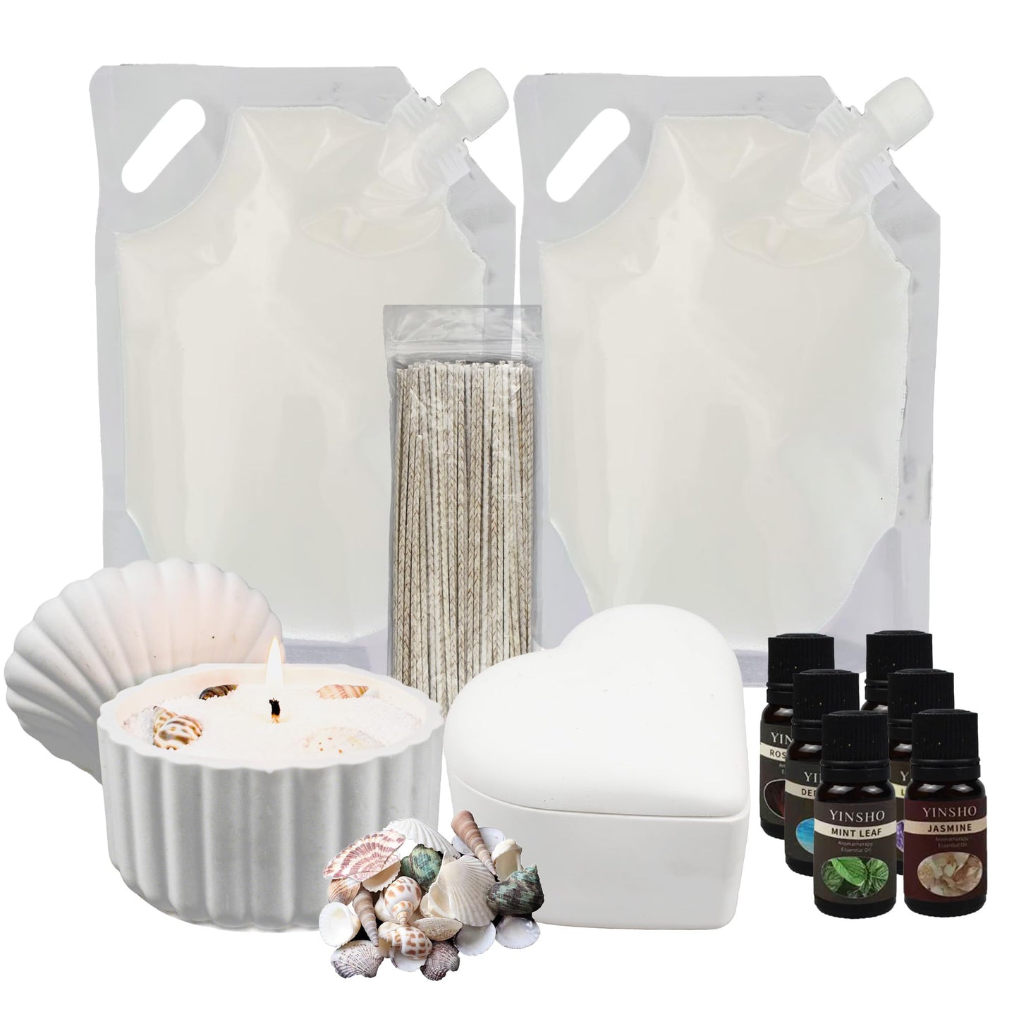 Pansyling 35oz Pearled Candle Wax Sand Crafting Set for Beginner,All-in-One Scented Candle Making Kits with 6 Essential Oils,2 Plaster Containers,50 Wicks & Seashells,DIY Powder Candles(White)