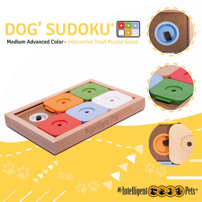 My Intelligent Dogs Interactive Sudoku Puzzle for Small Dogs and Cats - Advanced Brain Pet Toy - 6 Treat-Hiding Holes, Medium Wood and Plastic Design