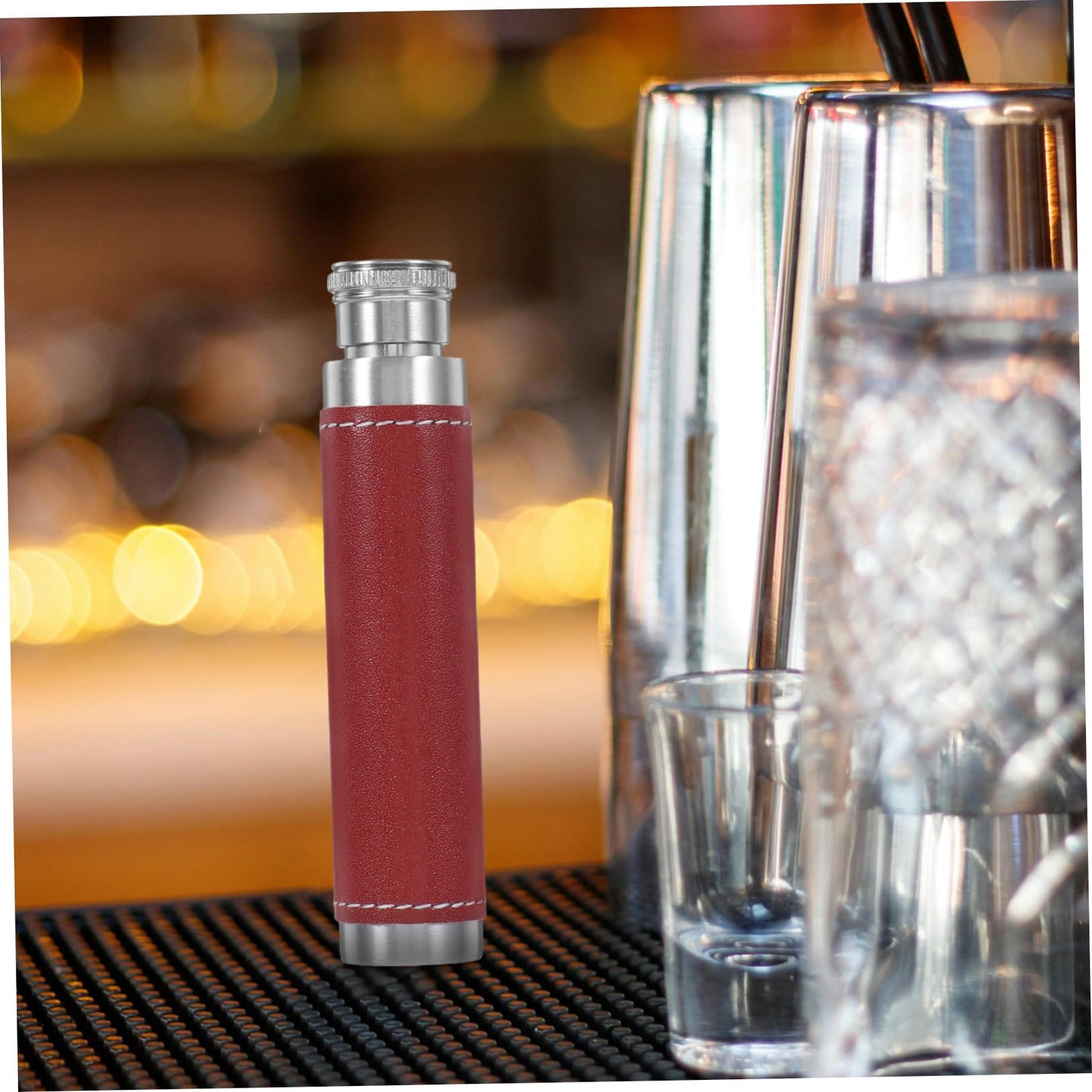 OFFSCH 1pc Stainless Steel Portable Wine Tube Leather Cover Compact Outdoor Wine Flask for Travel Round Base Design for Silver