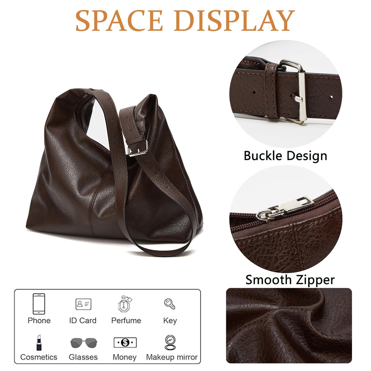 SongKedora Women Large Hobo Bags Vegan Leather Shoulder Handbag Slouchy Tote Purses for Travel Shopping (Coffee)