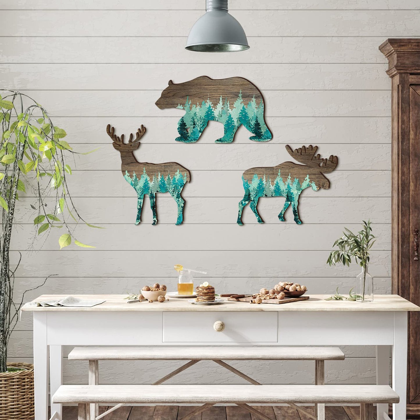 Newcotte Woodland Nursery Decor Bear Elk Wood Animal Cabin Wall Decor Trio Wildlife Hanging with Deer and Moose Rustic Woodland Animal Christmas Decorative Signs Set of 3