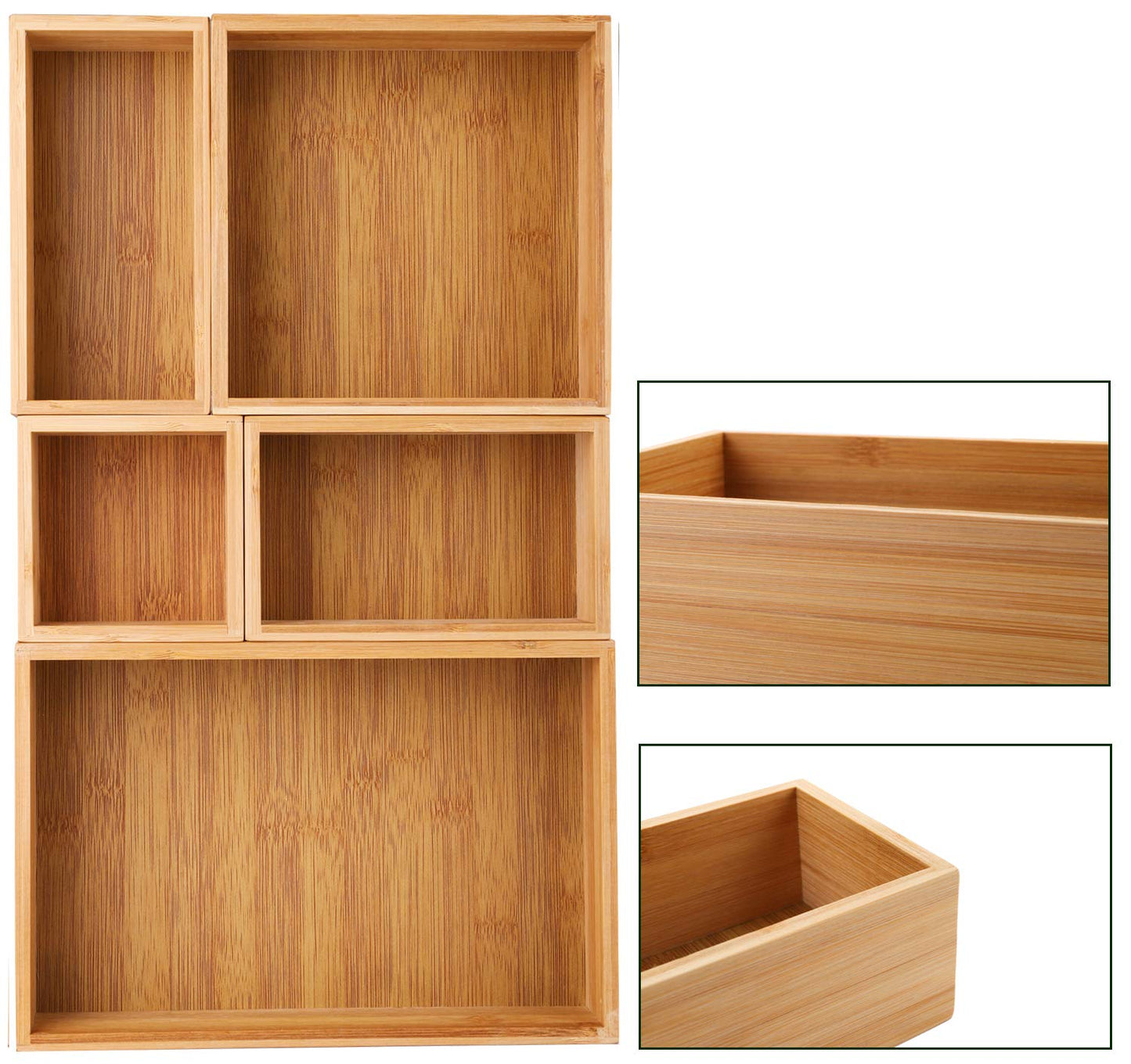 Lawei Set of 5 Bamboo Drawer Organizer Boxes, Desk Storage Box Kit, Drawer Storage Containers Tray Bins for Office, Kitchen, Bedroom, Children Room, Craft, Sewing