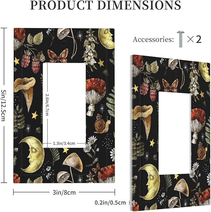 Nature Plant Botanical Daisy Mushroom Snails And Moon Single Rocker/Decora Light Switch Plate Decorative 1 Gang Outlet Cover Faceplate GFCI Electrical Receptacle Wallplate Dimmer for Home Decor