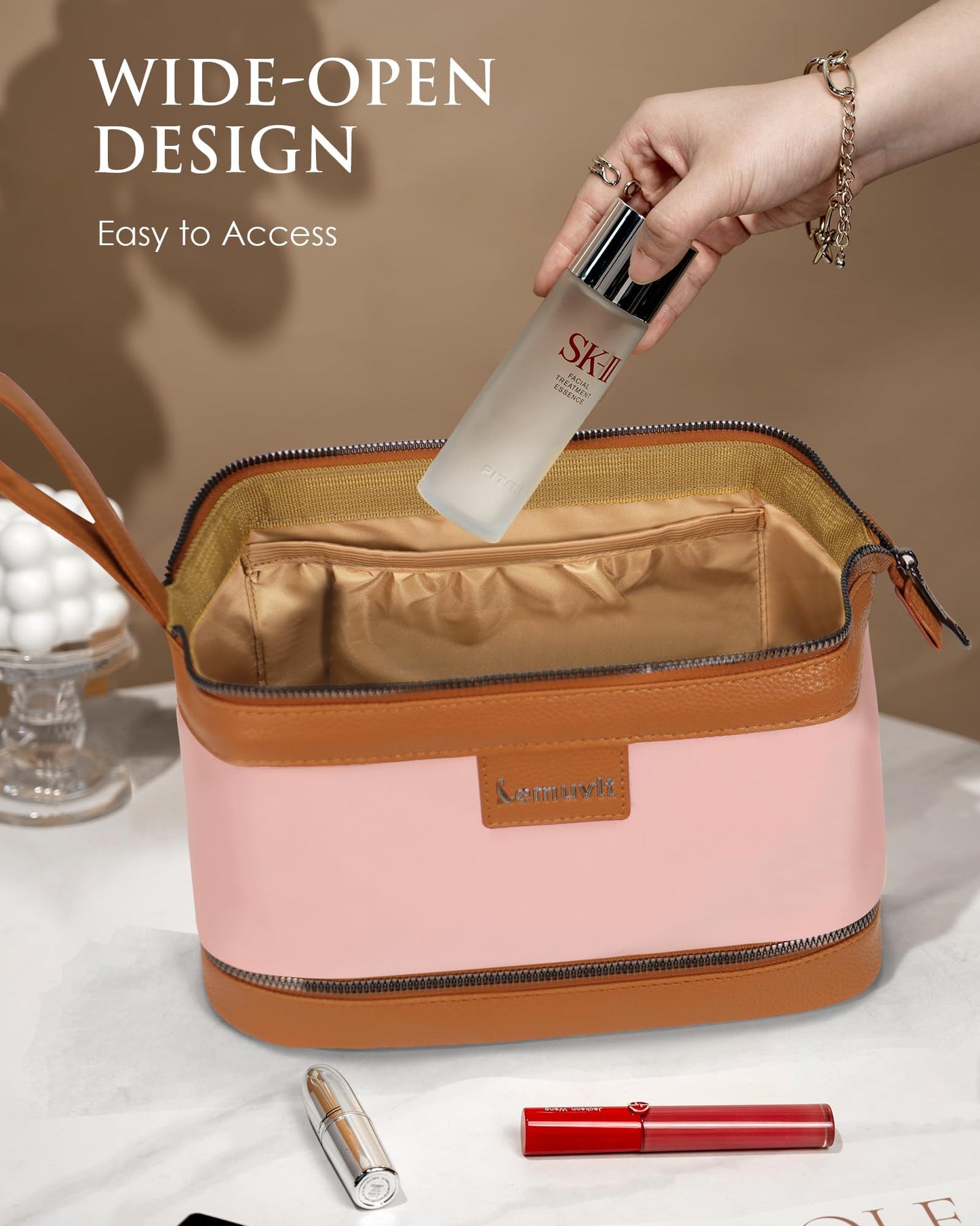 Lemuvlt Double-Layer Toiletry Bag, Water-Resistant Hybrid Leather Cosmetic Organizer with Wet/Dry Compartments, 26x15x16cm (Pink, Double layer)