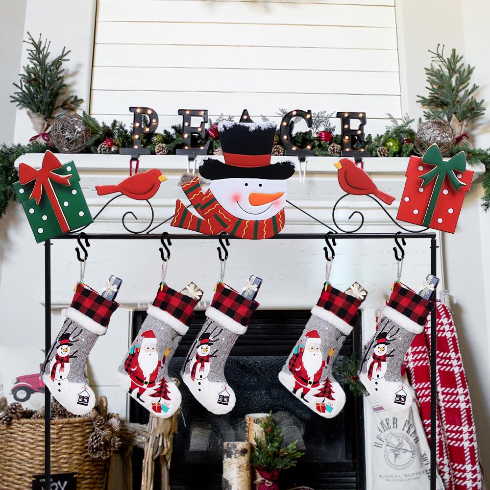 YEAHOME Christmas Stocking Holder Stand, Metal Freestanding Stocking Stand with Snowman Red Bird Xmas Gifts Box, 5 Hooks Stocking Hanger for Christmas Decorations Indoor Home Living Room Fireplace