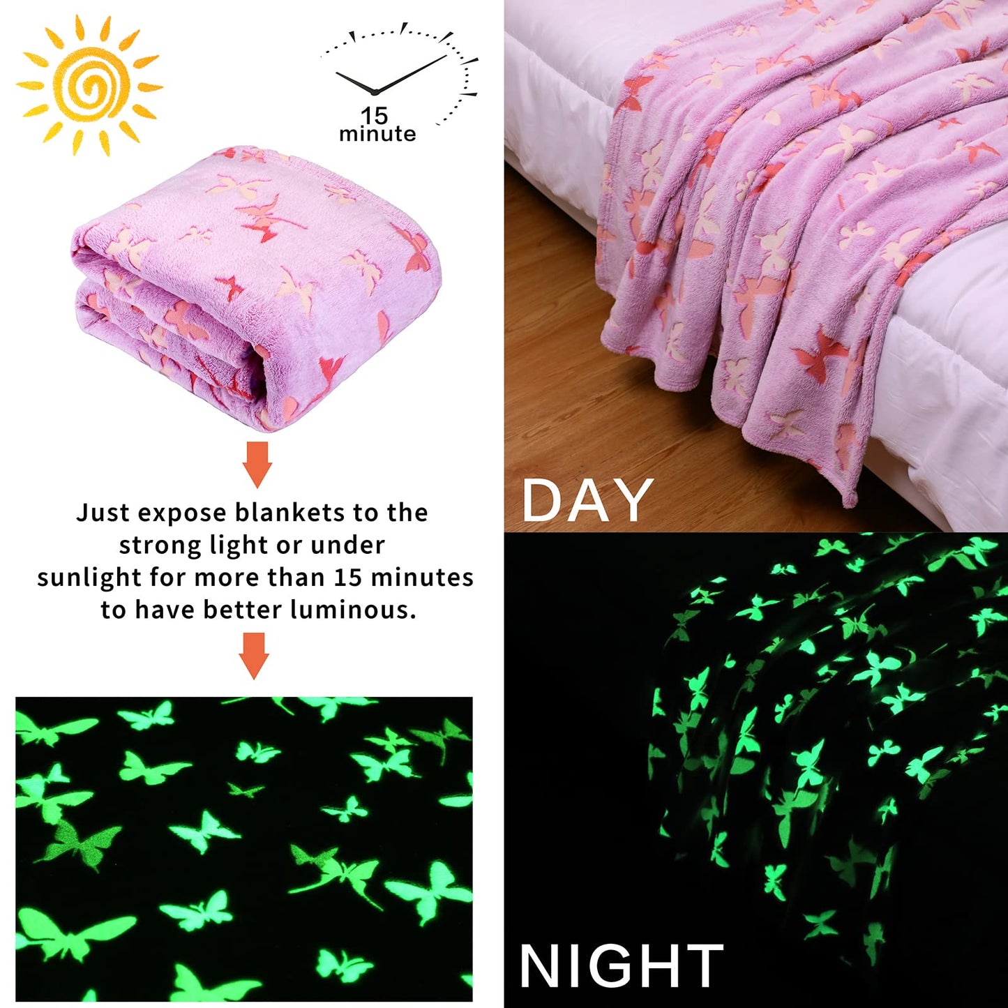 Glow in The Dark Blanket Butterfly Gifts for Kids Girls Birthday Christmas Bedroom Bed Room Decor Soft Cozy Fluffy Plush Fleece Premium Luminous Throw Fun Cool for Teen Toddler 50"x60"