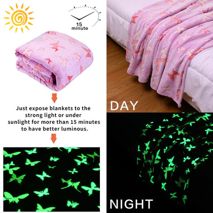 Glow in The Dark Blanket Butterfly Gifts for Kids Girls Birthday Christmas Bedroom Bed Room Decor Soft Cozy Fluffy Plush Fleece Premium Luminous Throw Fun Cool for Teen Toddler 50"x60"