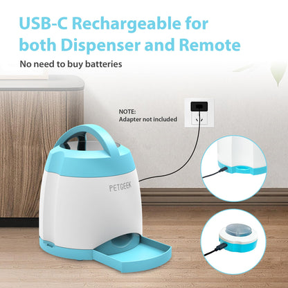 PETGEEK Automatic Dog Feeder/Treat Dispenser with Rechargeable Button Remote Control, Interactive Dog Food Puzzle & Stimulation Toys, 400ml Capacity Pet Dispensing Toy for Indoor/Outdoor Play
