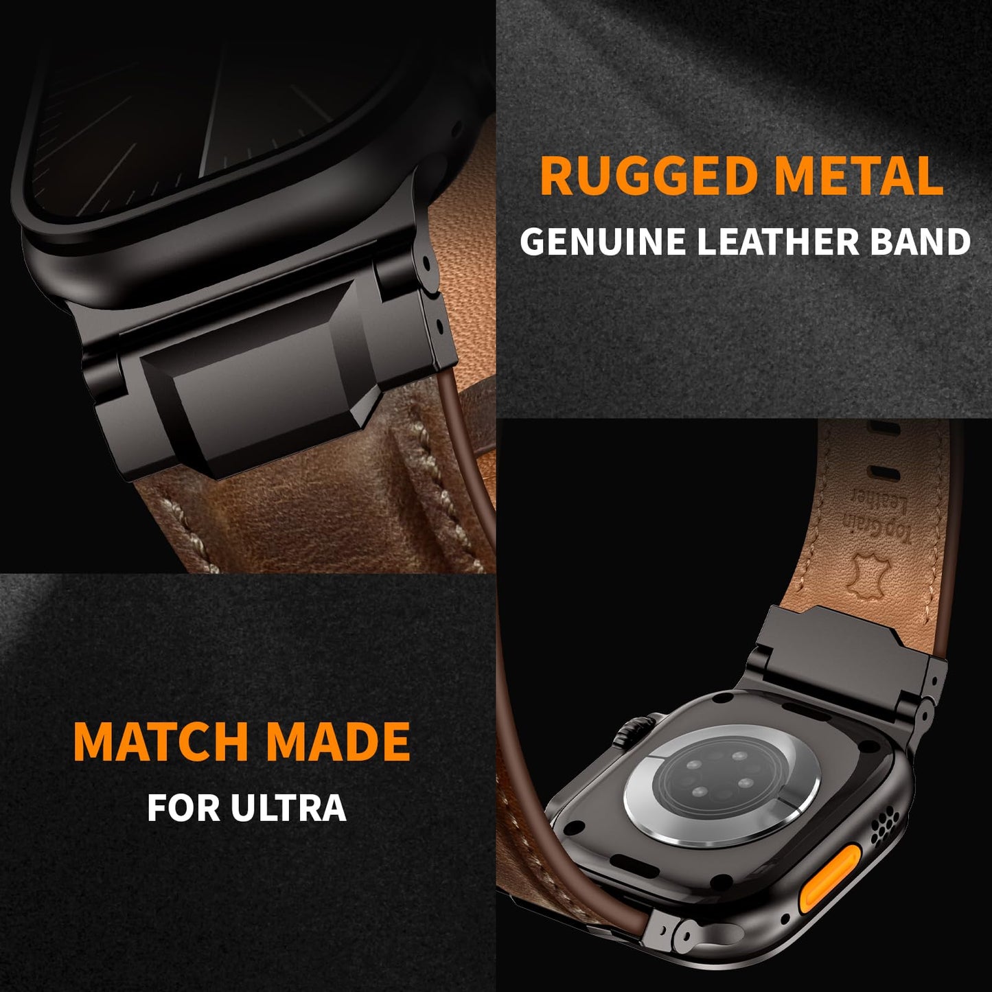 LOIRNBR Leather Bands Compatible with Apple Watch Ultra 3/2/1 Band 49mm 46mm 45mm 44mm 42mm, Genuine Leather Metal Connector Strap for iWatch Ultra Series 11/10/9/8/7/SE/6/5/4/3/2/1, Dark Brown/Black