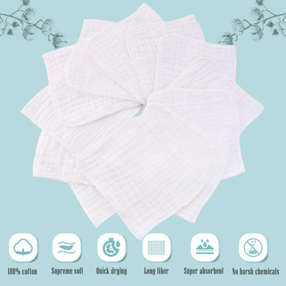 Cute Castle 12 Pack Muslin Burp Cloths for Baby - Ultra-Soft 100% Cotton Baby Washcloths - Large 20'' by 10'' Super Absorbent Milk Spit Up Rags - Burpy Cloths for Unisex, Boy, Girl - White