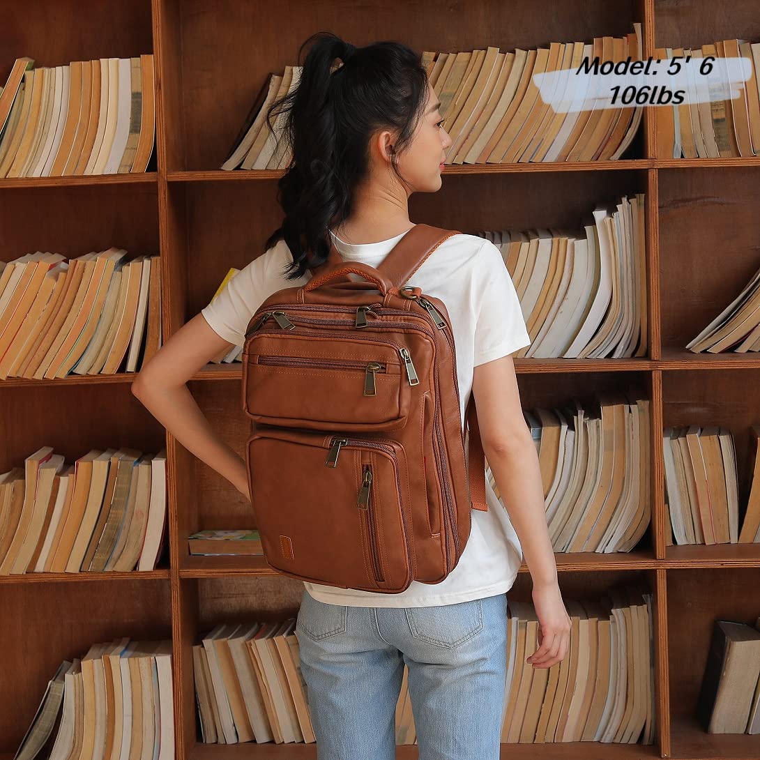 Baosha Vegan Leather Laptop Backpack Briefcase Hybrid 15.6 Inch Laptop Travel Backpack Hiking College Backpack for Men BC-04 (Brown)