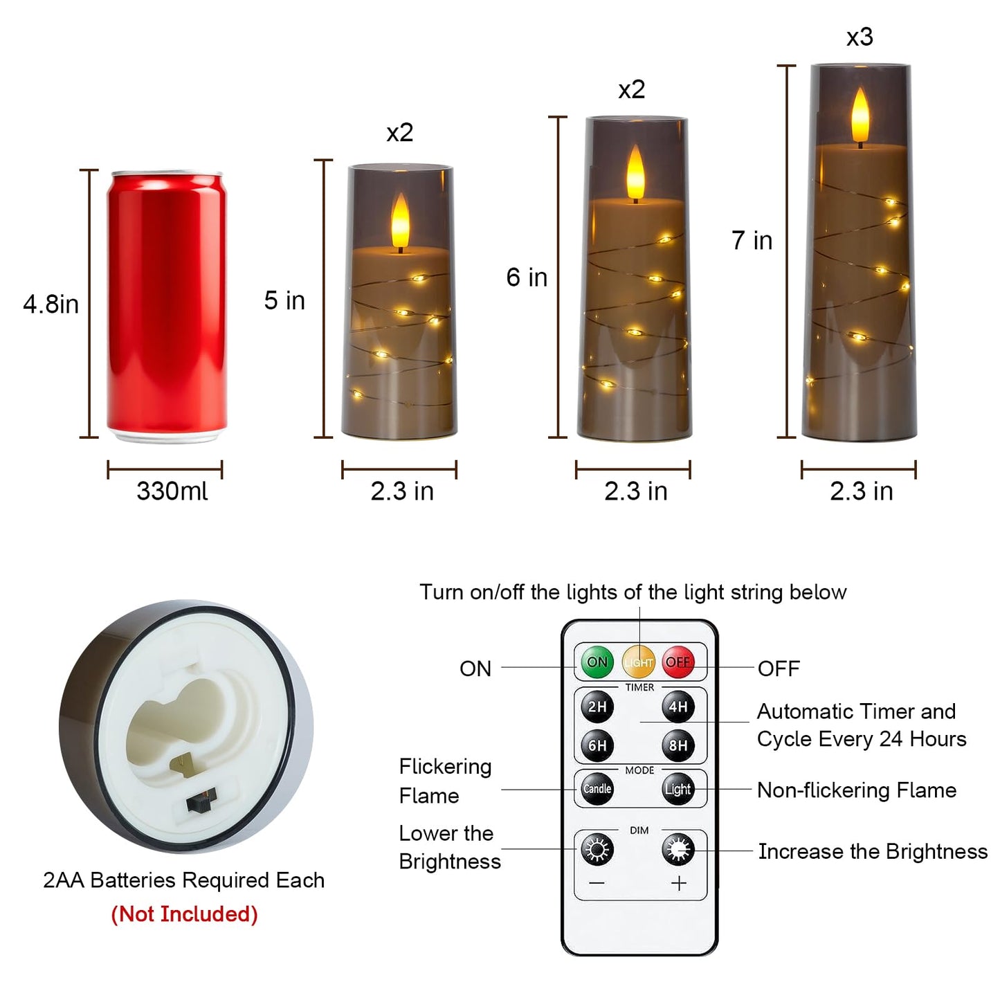 Raycare Flameless Candle with Remote Timer, 7 Flickering Acrylic Battery Operated LED Pillar Candles with Embedded Star String for Christmas, Home Decor, and as a Gift(Grey)