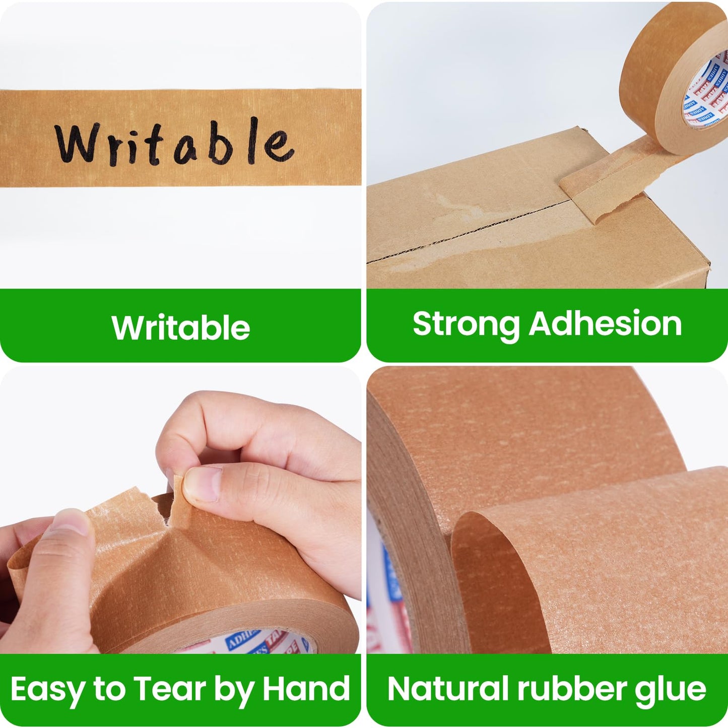 ADHES Biodegradable Kraft Paper Tape, 2 inch x 55 Yards, 6 Rolls Eco Friendly & Writable & Uncoated Paper Packing Tape Brown Packing Tape for Masking, Sealing, and Packaging Use
