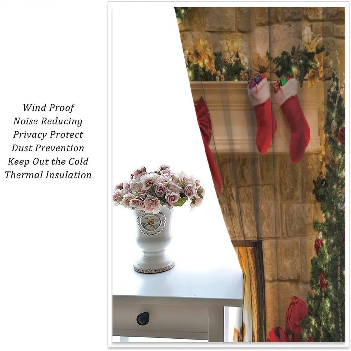 FengMingRui Merry Christmas Curtains Fireplace Christmas Socks Christmas Tree Window Treatment for Bedroom Living Room Decor Art Printed Window Drapes 42" W X 45" L